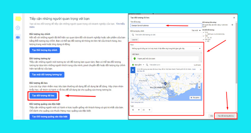 Tạo và target đối tượng đã lưu trên Facebook cách 2 bước 2, bước 3