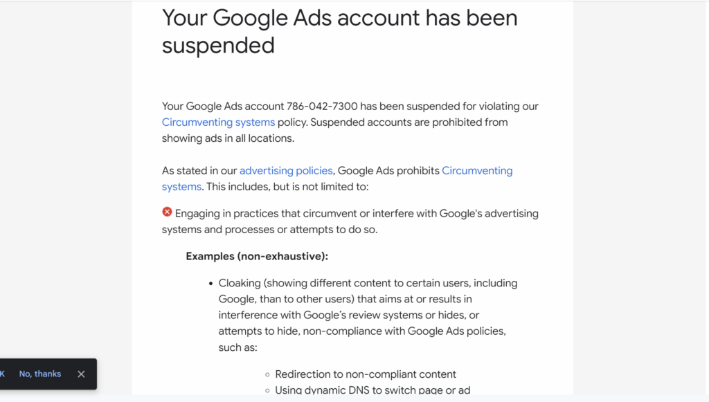 Signs a policy-violating Google Ads account