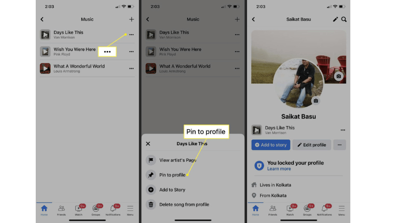 Accessing the music section in your personal profile