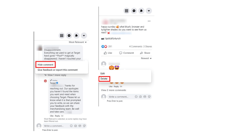 Steps to hide, delete, and report spam comments on your post