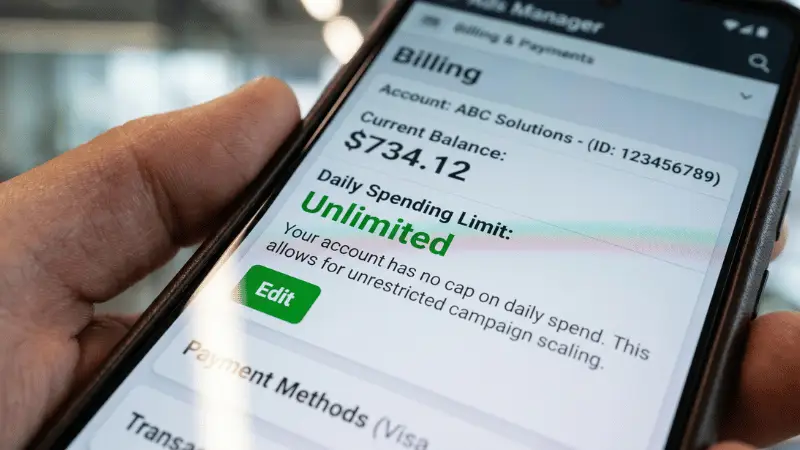 Close-up-of-a-smartphone-showing-unlimited-daily-spending-limit-on-a-professional-Facebook-Agency-account