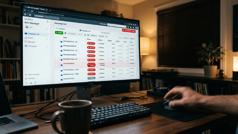 Facebook-Ads-Manager-interface-showing-multiple-ad-rejections-for-crypto-and-gambling-campaigns