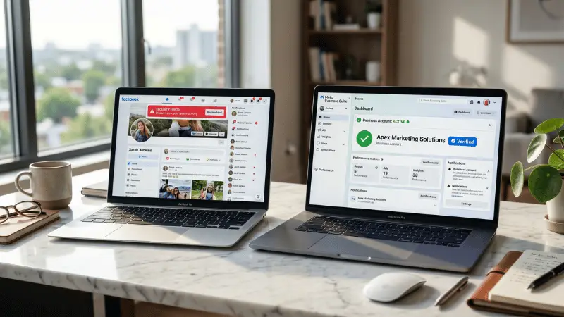 Real-life-comparison-of-a-restricted-personal-Facebook-profile-versus-a-verified-professional-Agency-Business-Manager-dashboard