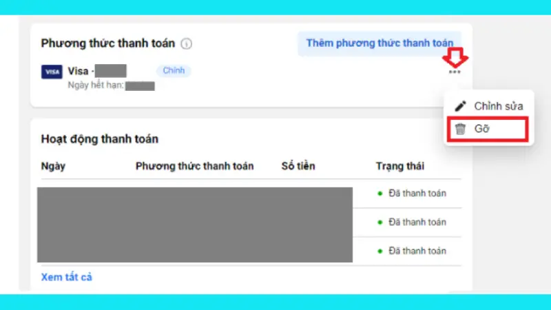 Gỡ phương thức thanh toán khỏi tài khoản quảng cáo 