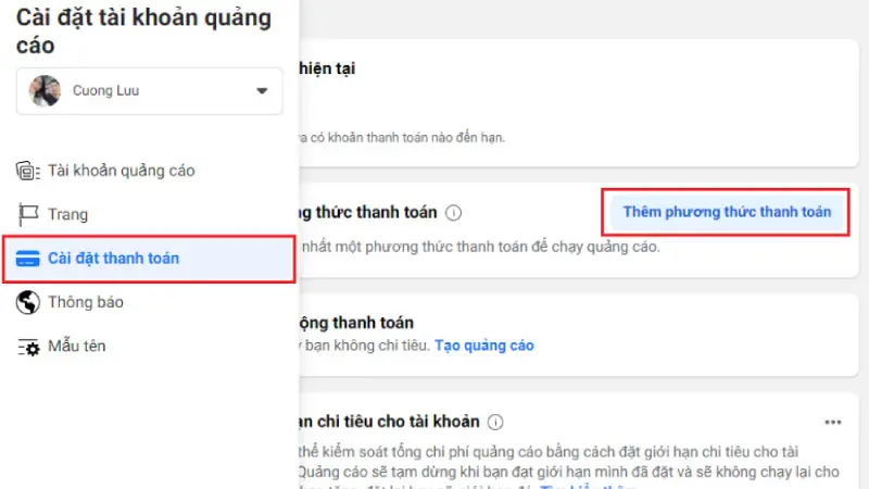 Thêm phương thức thanh toán vào tài khoản quảng cáo hiện có